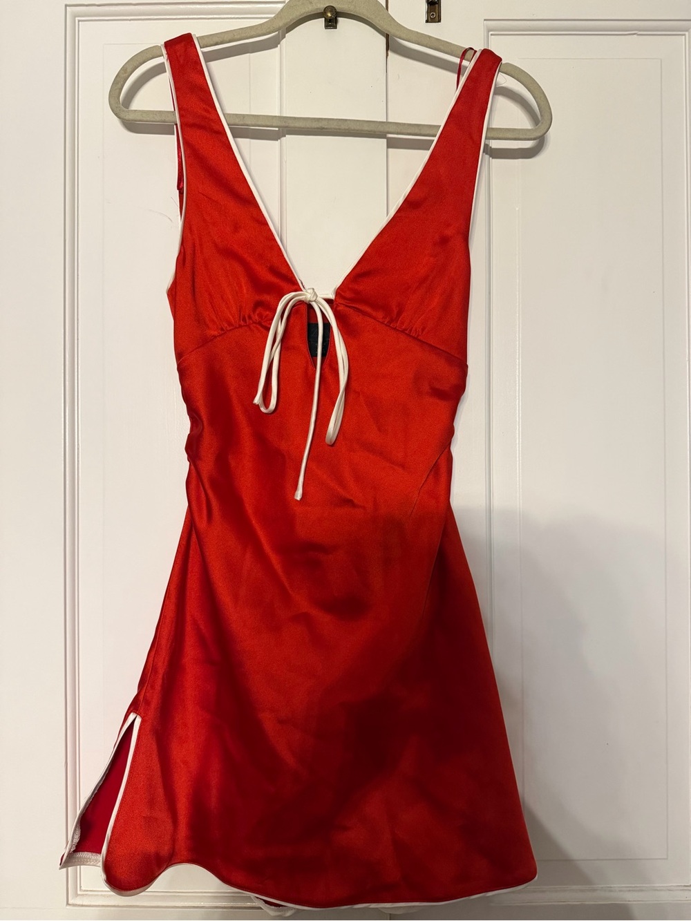 Zara Red Satin Mini Dress White Contrast Trim Tie Front NWT Size S